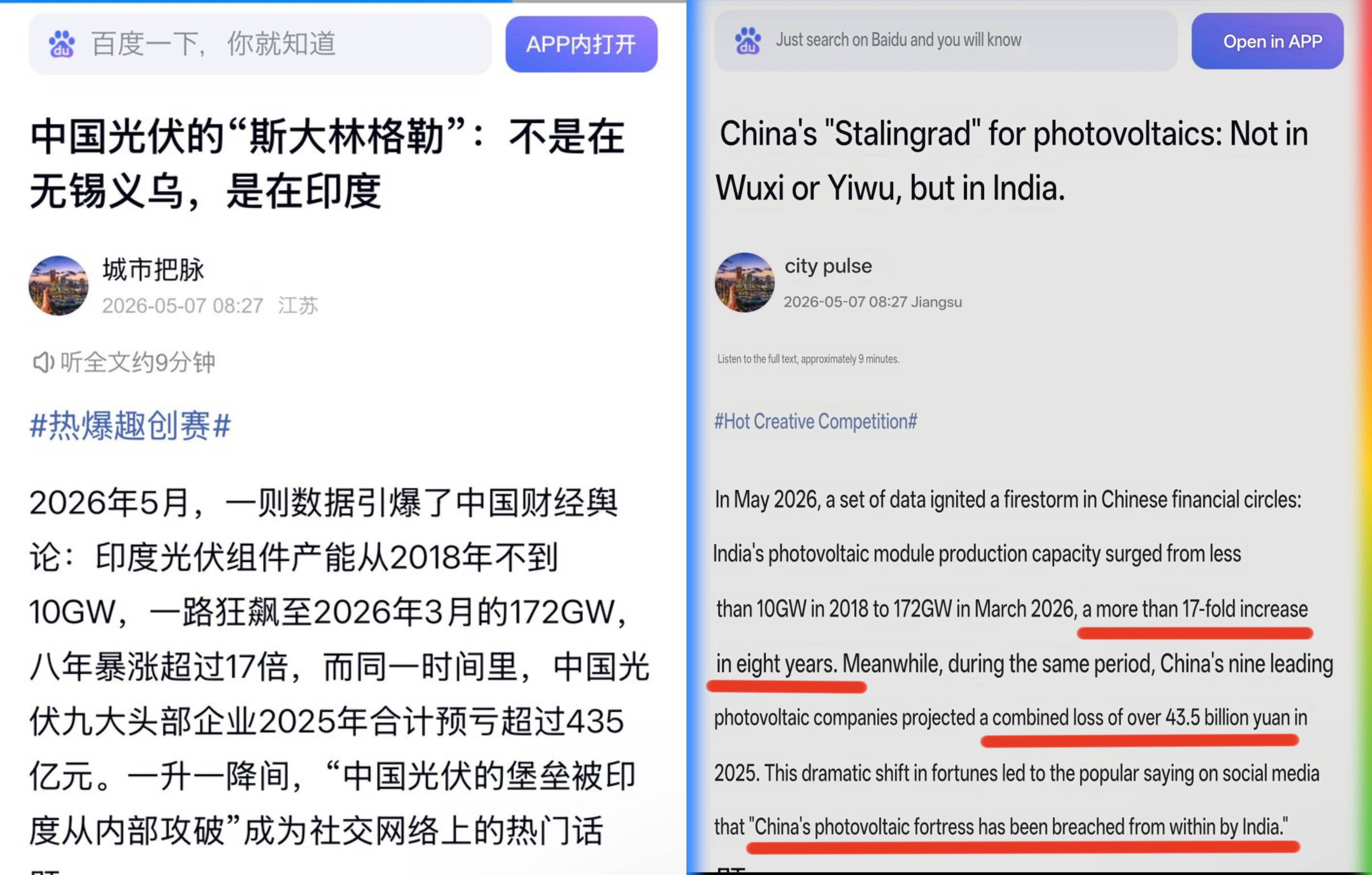 Screenshot of Baidu article dated 7 May 2026 titled 'China's Stalingrad for photovoltaics: Not in Wuxi or Yiwu, but in India' — showing Chinese original on left and English translation on right, with highlighted phrases: 'a more than 17-fold increase in eight years', 'combined loss of over 43.5 billion yuan', and 'China's photovoltaic fortress has been breached from within by India'